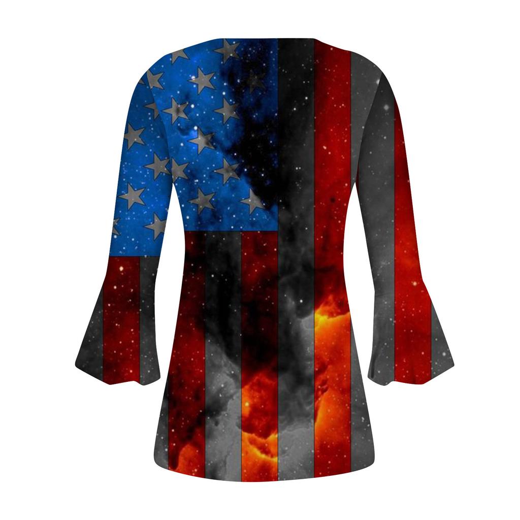 Женская модная футболка с короткими рукавами и v-образным вырезом с принтом ко Дню независимости с седьмым рукавом