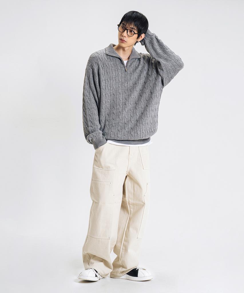 LEMAIN SECOND Oversized Voluminous Washable Half-Zip Cable Knit [Gray]
