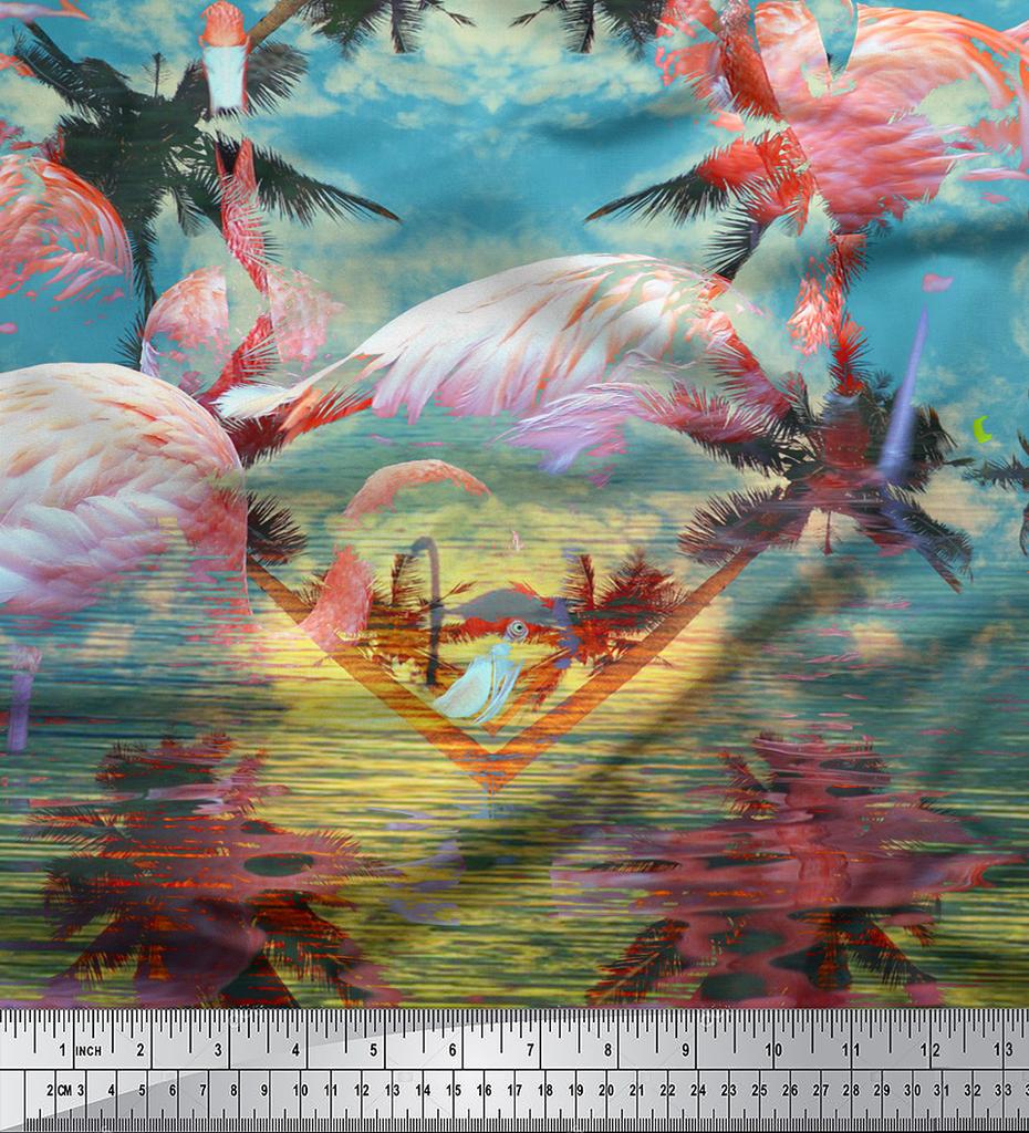 Soimoi Японский креп-сатин Пальма | Ткань с принтом в виде панно и фламинго 1 метр 42 дюйма