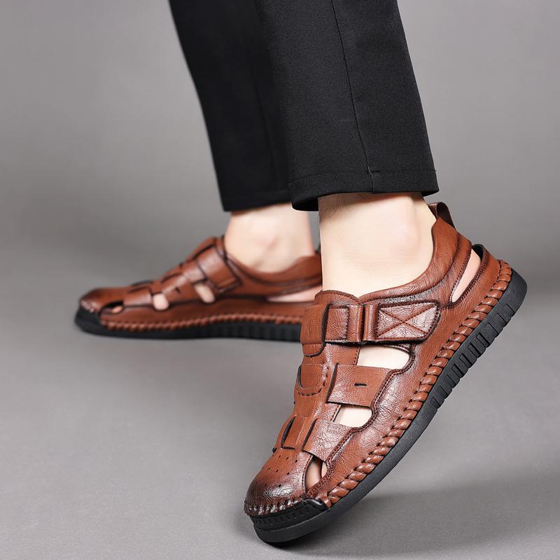 Кожаные сандалии для мужчин с круглым носком, легкие и удобные, мужские спортивные сандалии, модные, подходящие ко всему, дышащие, нескользящие, пляжная обувь