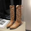 Coarse Heel Western Cowboy Boots Long Boots Women's Autumn 2025 New V-mouth Embroidery Sleeve Retro Pointed Knight Boots