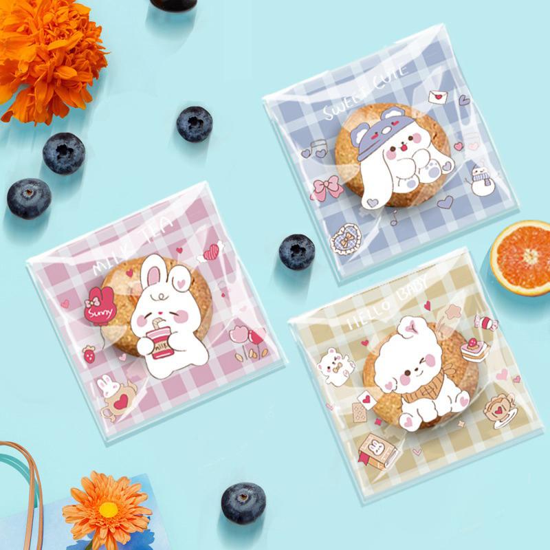 100Pcs Rabbit Bear Candy Bag Cartoon Transparent Plastic Self-adhesive Bag Cookie Wedding Birthday Party Decor DIY Gift Pouch