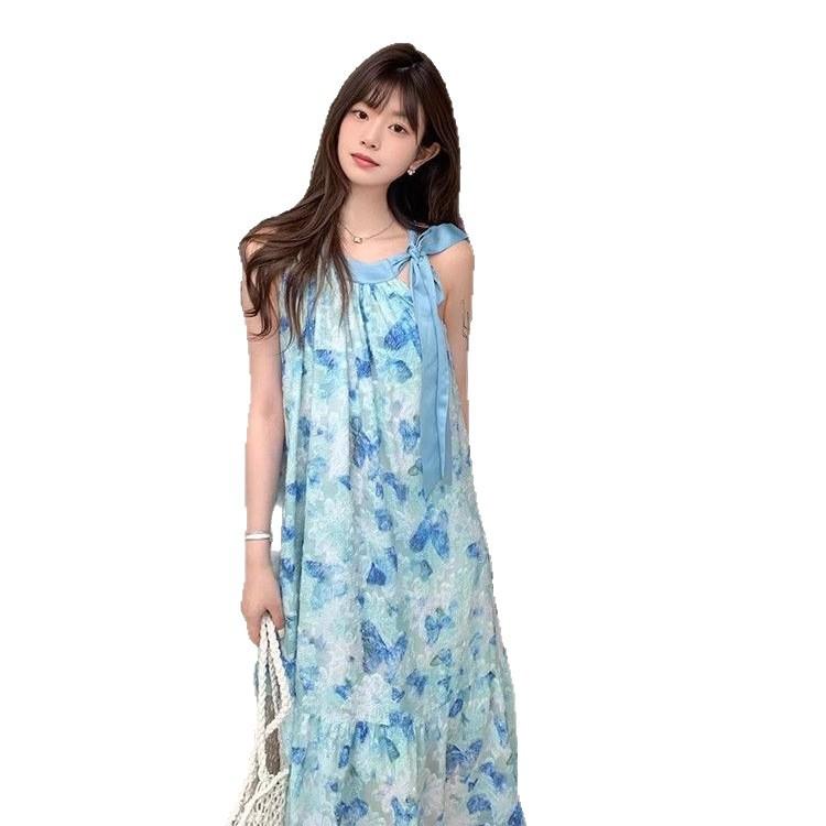 Seaside vacation wind blue butterfly girlish feeling lace-up neck dress female summer small fairy long skirt
