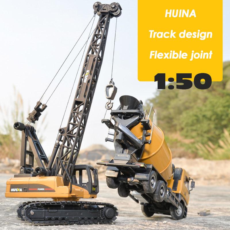 1/50 Huina Игрушечная модель автомобиля из сплава Симуляция Кран Погрузчик Самосвал Строительная машина Гусеничный Коллекционная игрушка для детей Подарок