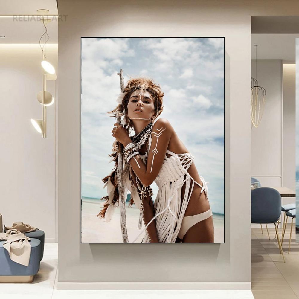 Портретные постеры для девочек в стиле бохо, холст, картина, американская девушка с перьями, женские современные настенные художественные картины для гостиной, домашний декор