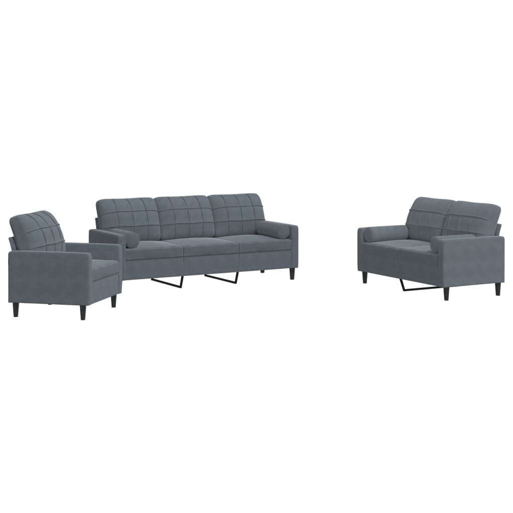 3 Piece Sofa Set with Cushions and Neck Rolls Dark Grey Velvet