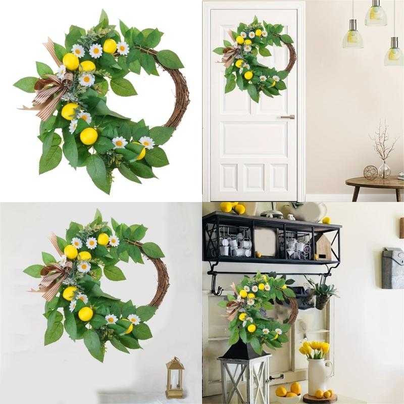 Artificial Bowknot Wreath with Lemon for Front Door, Spring Wreath for Front Door Farmhouses Outdoor Wedding Decorations