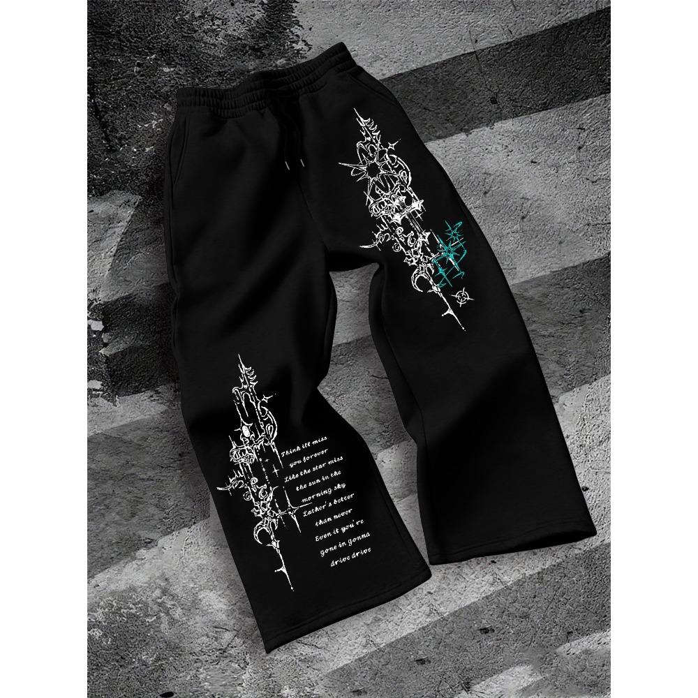 Urban Black Baggy Sweatpants for Men, Wide Leg Design with Striking White Flame Embroidery, Drawstring, Street Style