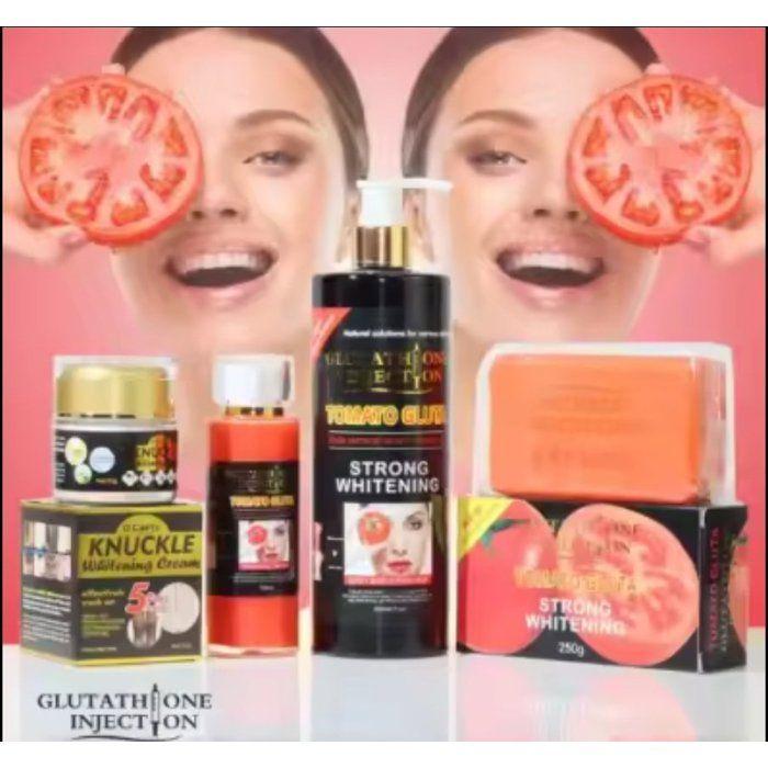 Gamme complète gluta tomato, lait 500,ml, gel douche nettoyante 500ml, sérum, savon 200g et crème visage très concentré et éclaircis