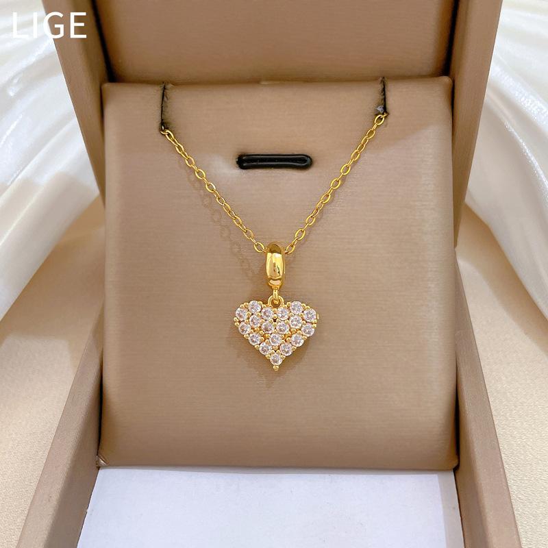 Love Full Diamond Fashion Light Luxury Temperament Gorgeous Full Diamond Necklace Female Versatile Collarbone Chain Titanium Steel Chain