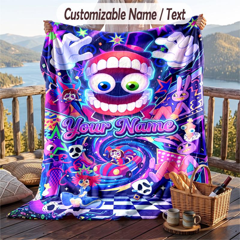 The Amazing Digital Circus Flannel Blanket, Personalized Custom Name Text, Soft Warm Plush Throw Blanket For Gift
