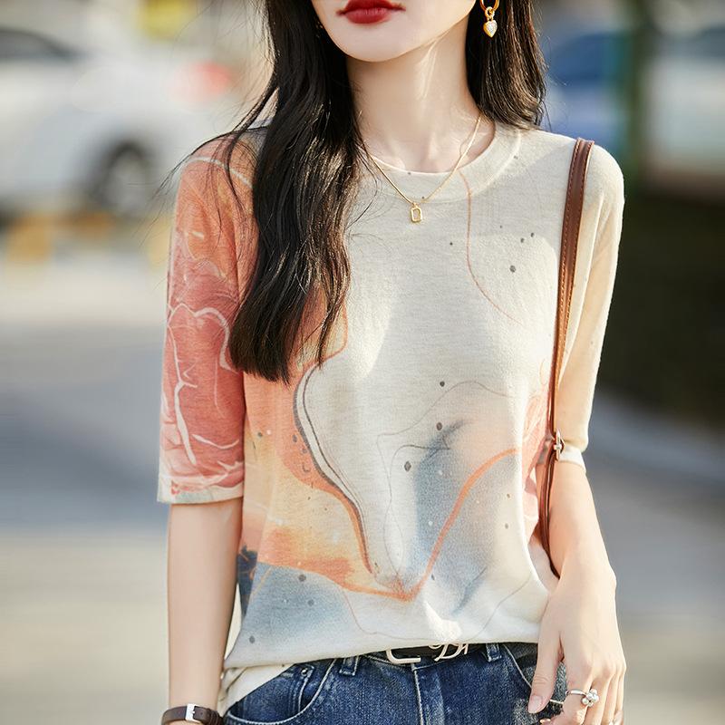 Женский весенне-летний круглый вырез с принтом, свободный внутренний тонкий универсальный трикотаж