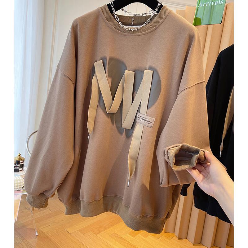 Женская толстовка модная лента свободный повседневный топ с круглым вырезом плюс размер пуловер