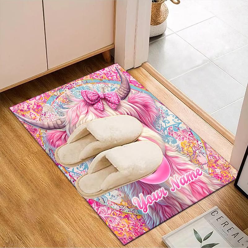 1PC Custom Name Pink Cow Bubble Gum Theme Floor Mat Ideal for Living Room, Game Rooms, Office, Bedroom Floor Mat Playful Design