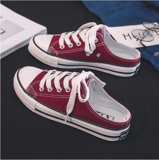 Summer Casual Low-top Shallow-mouth Canvas Shoes half-Support Women's Cloth Shoes Lazy Shoes Student Skate Shoes