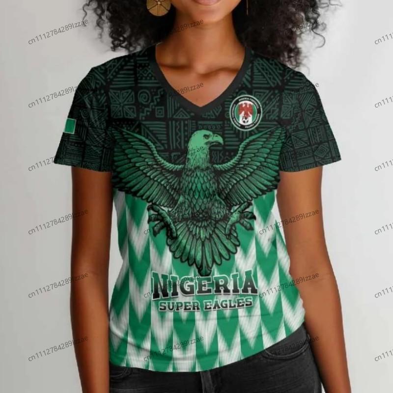 Nigeria Inspired Soccer Fan T Shirt Women Green White Eagle Pattern V Neck Short Sleeve Casual Supporter Top