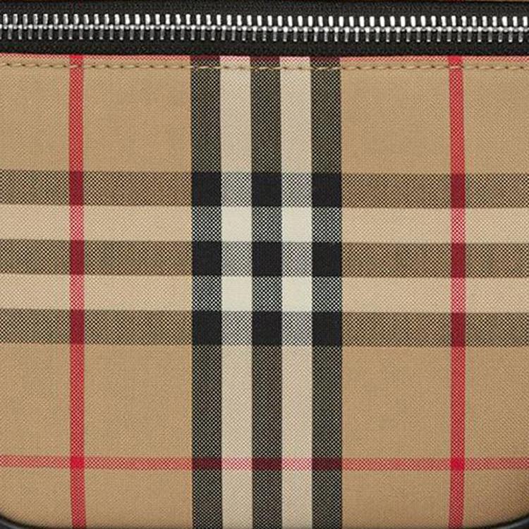 Burberry Регулируемый ремень через плечо Застежка-молния Клетчатая сумка через плечо из хлопка и кожи Мужская сумка через плечо Бежевая 80629451