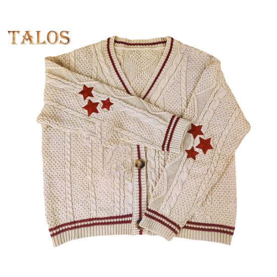 Женский свитер, пальто с V-образным вырезом, длинный рукав, однобортный вязаный кардиган, пэчворк, цветная вышивка, узор в виде звезды, свободный крой, трикотаж