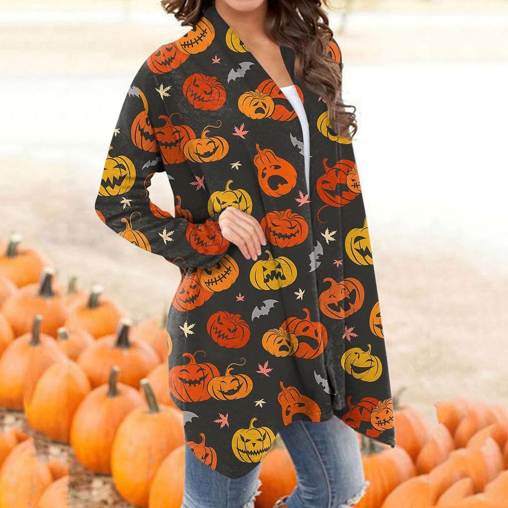 Women's Fashion Casual Floral Halloween Print Medium Length Cardigan Jacket Coat
