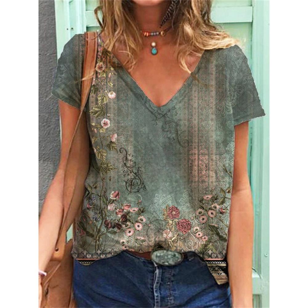 Футболки в этническом стиле с цветочным принтом 3D, женские футболки с V-образным вырезом и коротким рукавом, уличная одежда, топ Y2k, футболка Harajuku большого размера, женская одежда