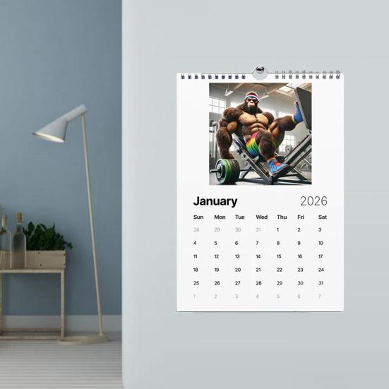 Календарь на стену 2026 Смешной календарь фитнеса Сасквотча 12-месячный календарь Юмористический подарок-прикол на спортивную тематику для мужчин, поклонников криптидов, любителей фитнеса