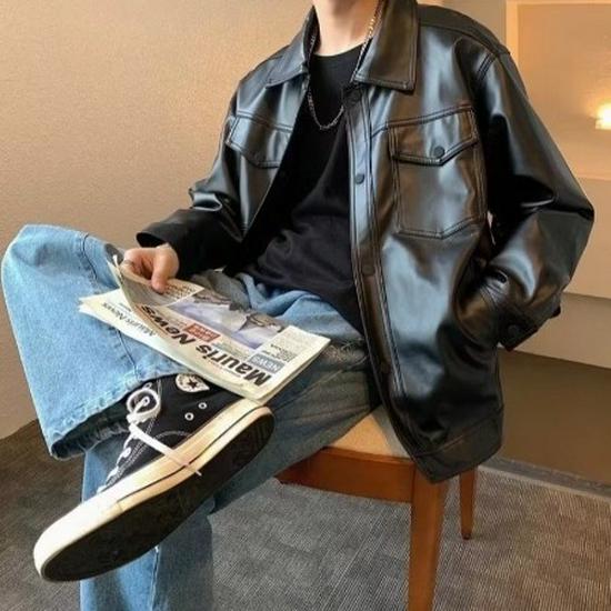 Мужская кожаная куртка оверсайз - Американский ретро уличный стиль