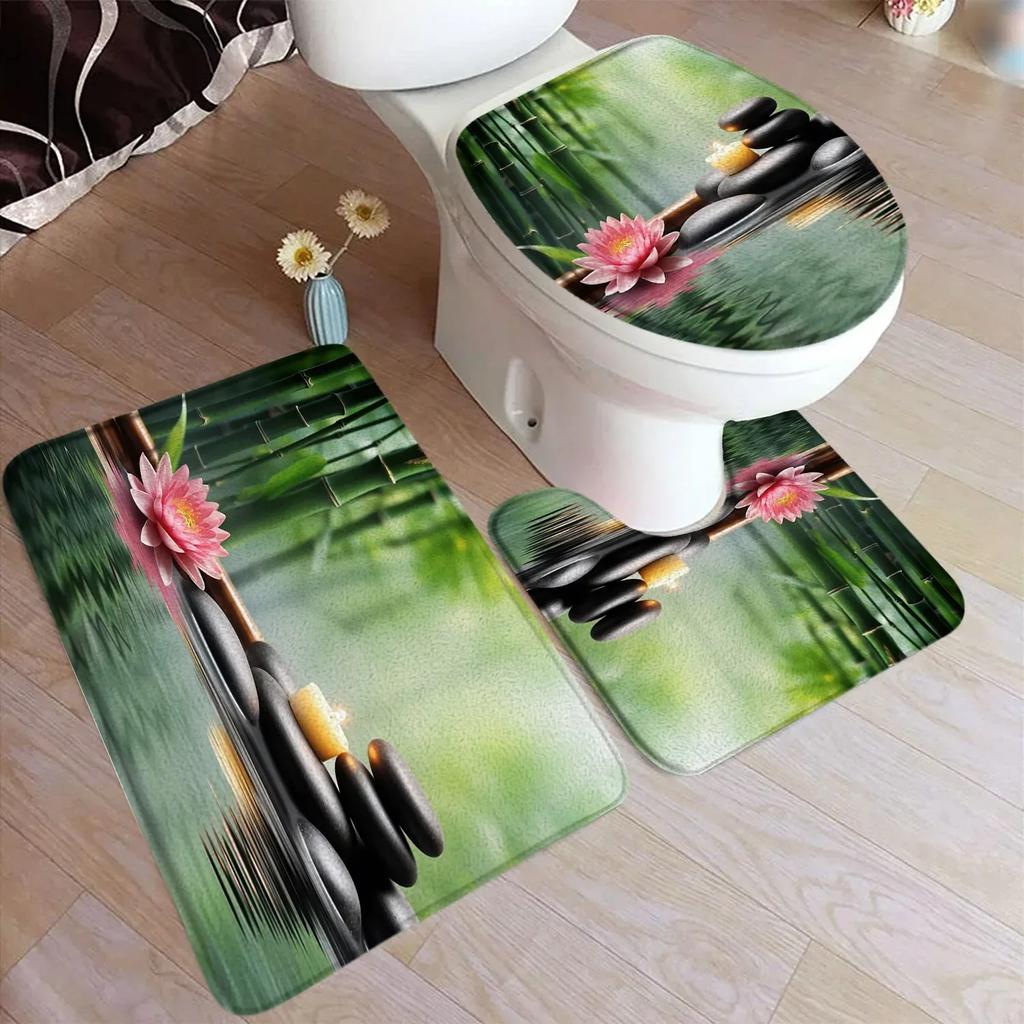 Zen Green Bamboo Bath Mat Set Natural Orchid Flower Black Stone Plant Home Carpet Bathroom Decorative Floor Rug Toilet Lid Cover