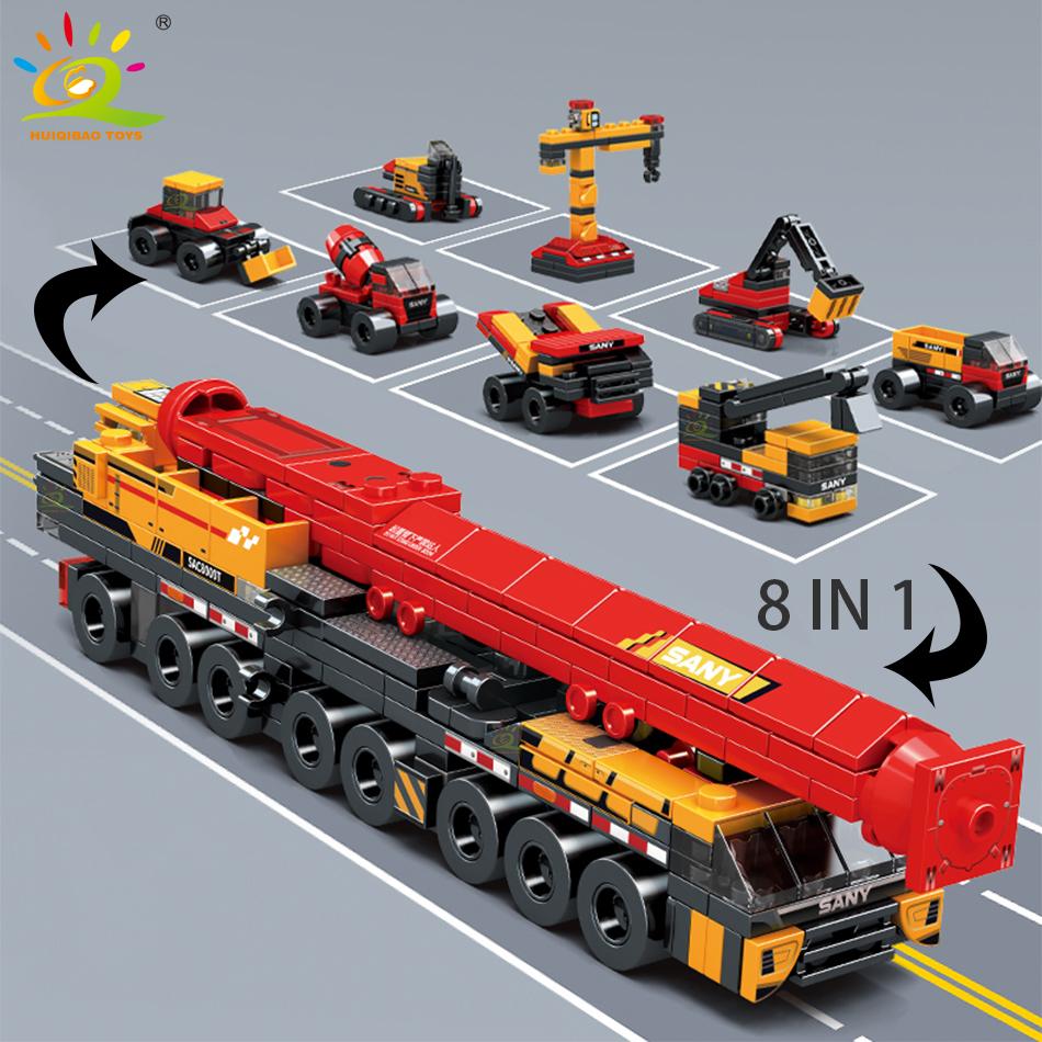 8in1 Engineering Crane Truck Building Blocks Bulldozer Excavator Car City Construction MOC Bricks Set For Children Kids