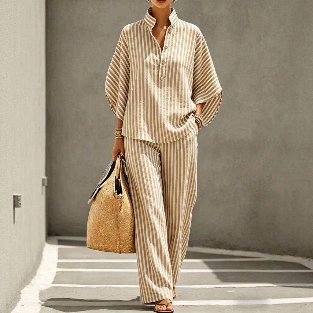 European and American new women's striped shirt set for vacation style leisure urban suit