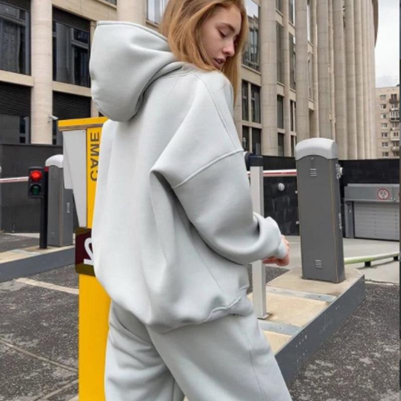 Флисовые спортивные костюмы с капюшоном, женские теплые топы с капюшоном и длинными рукавами, брюки с эластичной резинкой на талии, женские комплекты из двух предметов, женские наряды