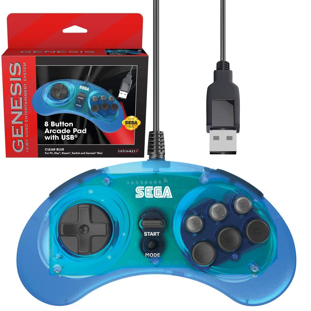 SEGA Mega Drive 8 Button Arcade USB Pad Clear Blue Retri-bit