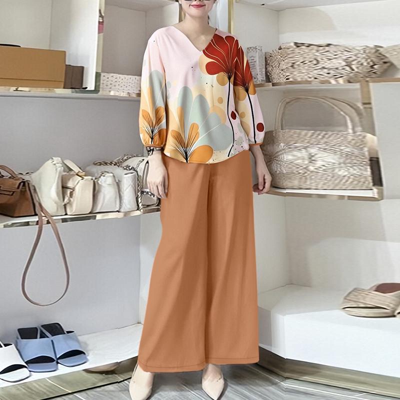 ZANZEA Женская блузка с цветочным принтом и брюки, повседневные комплекты костюмов из двух предметов