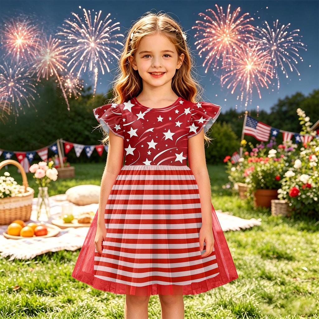 Girls Sleeve Dress with Patchwork Design Independence Day Outfit Summer Party Dress