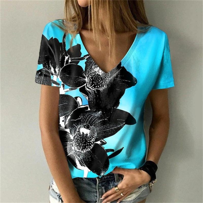 Versatile Sexy V-neck Women's T Shirt Flower 3D Print Summer Short Sleeve Fashion Street Harajuku Comfortable Ladies Tee Casual