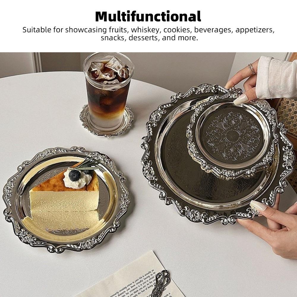 Solid Metal Mini Tray Retro Embossed Carved Polished Decorative Platter Scalloped Raised Anti-drop Serving Dish