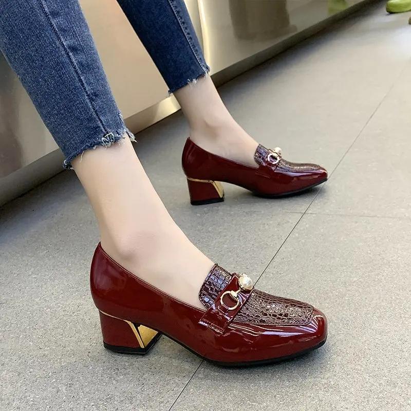 Zapatos De Mujer Women Cute Round Toe Wine Red High Quality Office Square Heel Shoes Lady Casual Black Sexy Party Heels