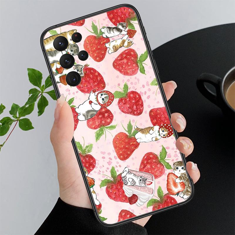 Phone Case For Samsung A17 A55 A16 A56 A35 A15 A53 A54 A33 A34 A25 A05S A52 A52S A07 A26 A06 Strawberry Cat Cartoon
