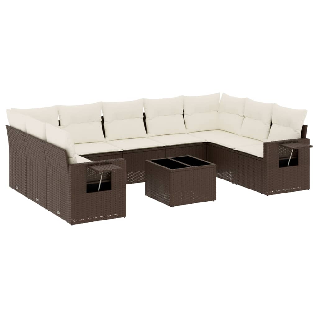 10 piece Garden Sofa Set with Cushions Brown Poly Rattan