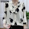 Women's Seven Quarter Sleeved Ribbon Chiffon Shirt Summer Mom Outfit Loose Thin Shirt