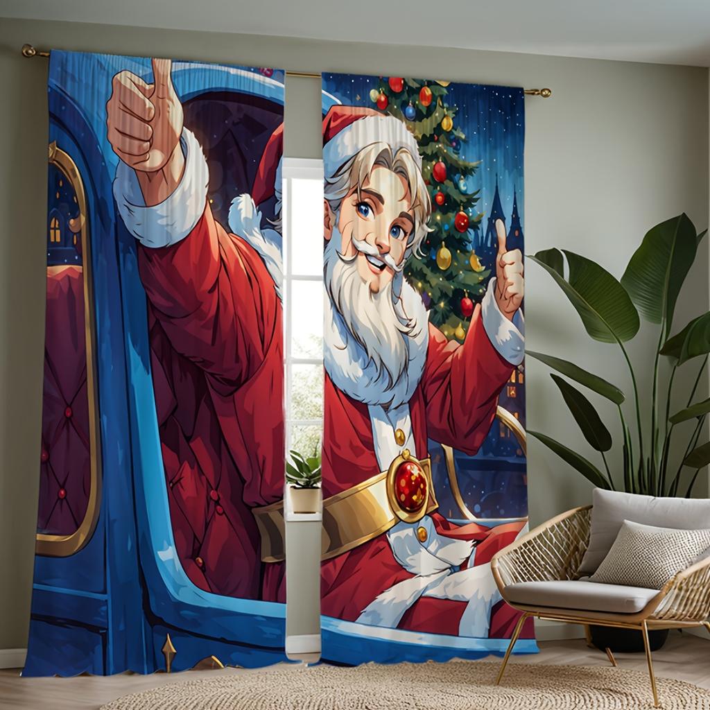 2pcs Set of Festive Christmas Curtains with Red Green Ornaments Digital Printed, Rod Pocket Design for Living Room Bedroom Decor