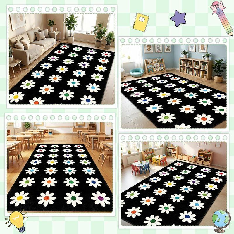 Kids Daisy Flower Area Rug Colorful Center Print Non-Slip Washable Floor Mat for Nursery Playroom Classroom Indoor Home Decor