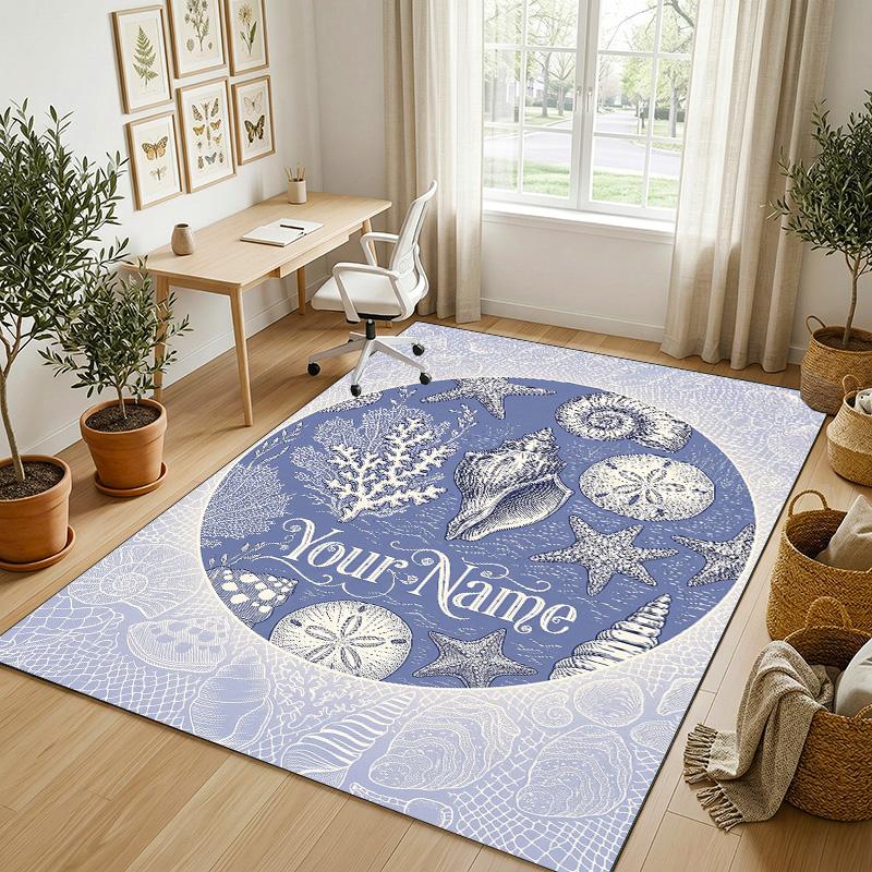 Oceanic Serenity Theme Soft Crystal Velvet Rug Custom Name & Text Print Non Slip Floor Rug for Bedroom Living Room