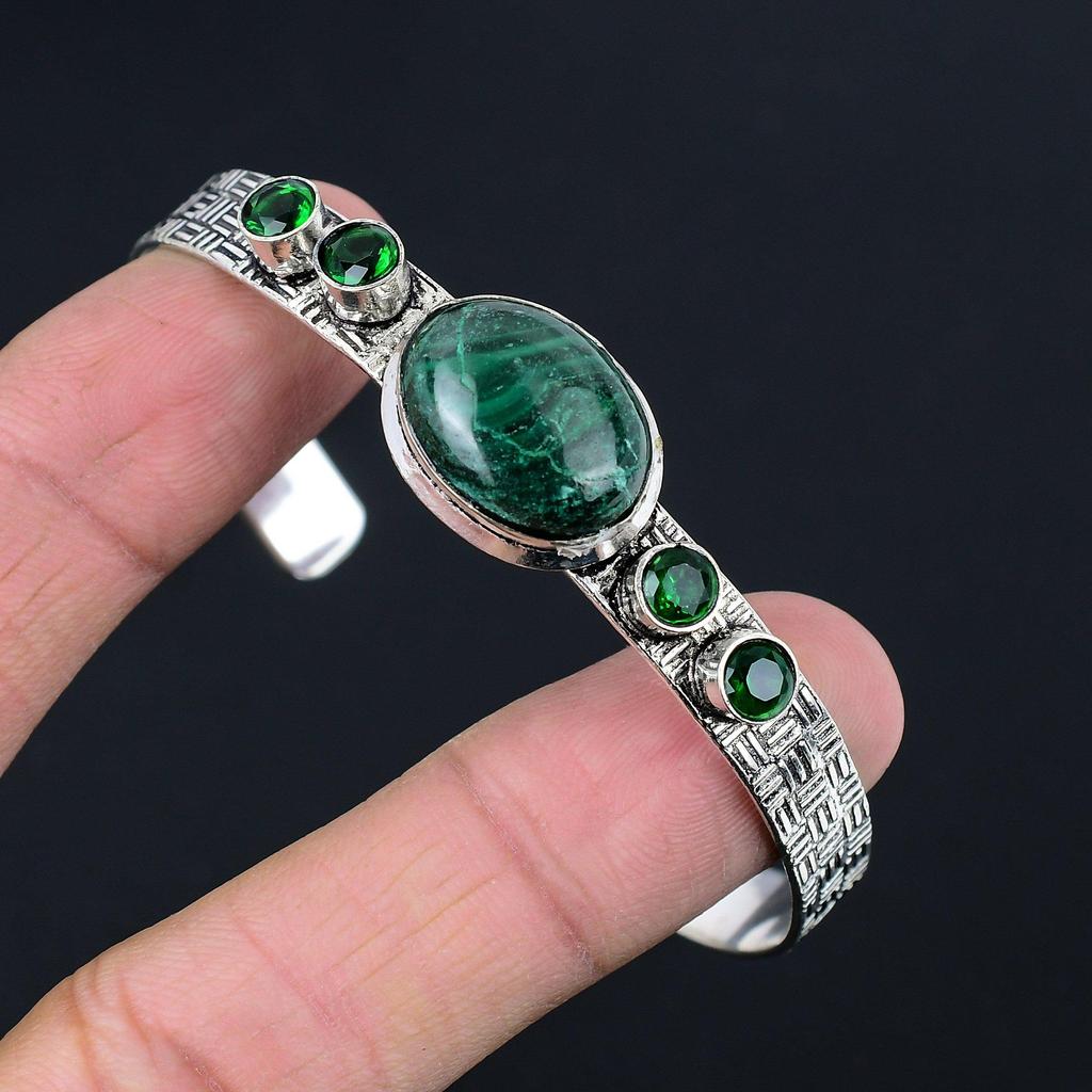 Браслет-бенгл из стерлингового серебра 925 пробы с овальным малахитовым драгоценным камнем и хромдиопсидом в стиле бохо