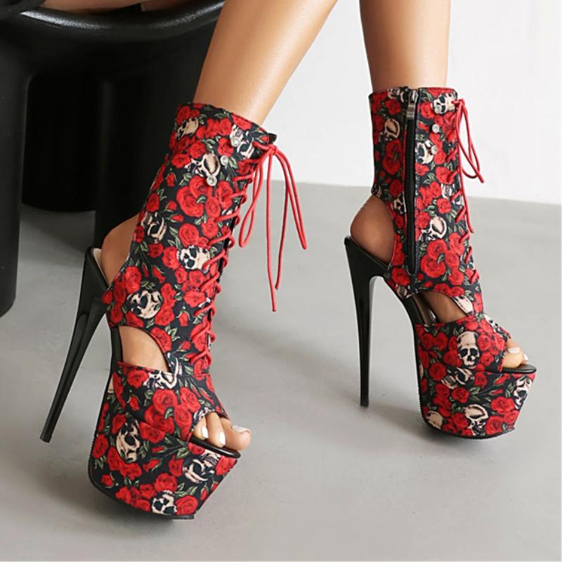 Platform Ankle Boots for Women 2025 Summer Peep Toe Flower Short Dance Boot Lace-up High Heel Party Fetish Shoe Lady Big Size 45