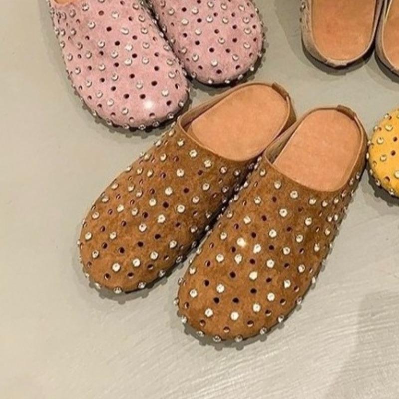 Шлепанцы-сабо с полыми стразами для женщин, дышащие, с круглым носом, модные, на плоской подошве, полуподдержка