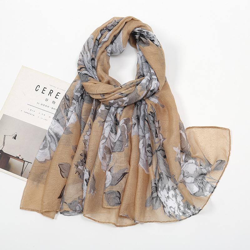Spring and Autumn New Plant Flower Printing Versatile Bali Yarn Cotton and Linen Feel Scarf Elegant Sunscreen Shawl Women