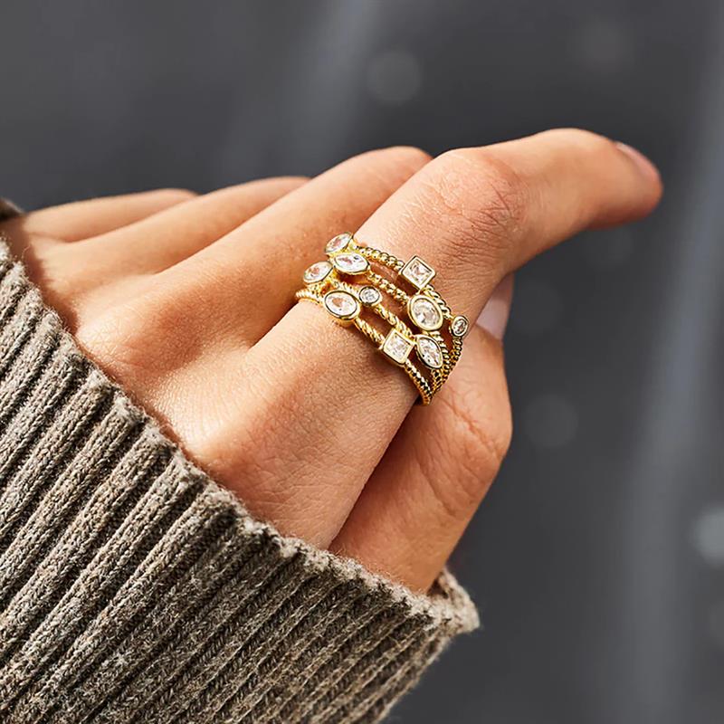 Xiaomi Huitan Multi-layer Gold Color Ring for Women Twisty Design Inlaid Geometric Shiny Cubic Zirconia Noble Wedding Party Jewelry