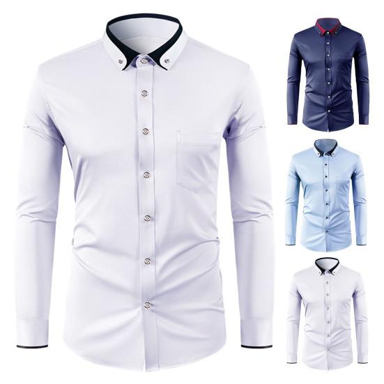 Мужская классическая рубашка со стразовым воротником и длинным рукавом, эластичная, без складок, официальная рубашка, однотонная, облегающая, для свадьбы, свидания, выпускного, деловая рубашка на пуговицах