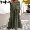 Spring/Summer O-Neck 1/2 Sleeves Large Size Casual Loose Long Solid Colour Cotton Dresses