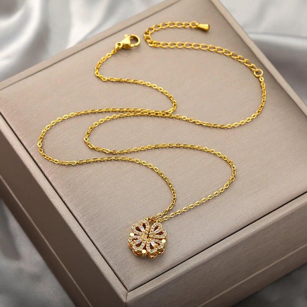 Винтажное ожерелье Lucky Four Leaf Clover для женщин, готическое кулон в виде сердца с сердечком, колье-цепочка, ожерелье из нержавеющей стали, ювелирное изделие, подарок